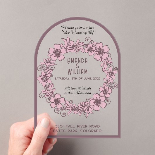 Bloemenkrans gedempt roze palet transparant acryl uitnodigingen (Insitu (Draagbaar))