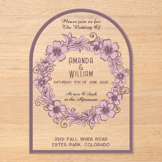 Bloemenkrans gedempt roze palet transparant acryl uitnodigingen (Voorkant)