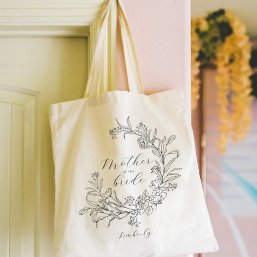 Bloemenkrans gepersonaliseerde moeder van de bruid tote bag