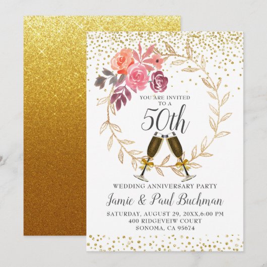 Bloemenkrans Gouden Glitter Huwelijksjubileum Kaart (Voorkant / Achterkant)