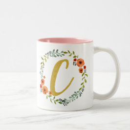 Bloemenkrans Gouden Monogram Initiaal C Tweekleurige Koffiemok