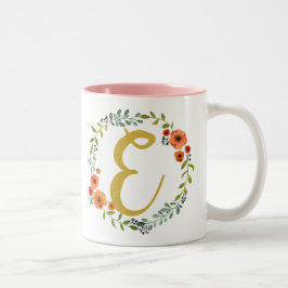 Bloemenkrans Gouden Monogram Initiaal E Tweekleurige Koffiemok