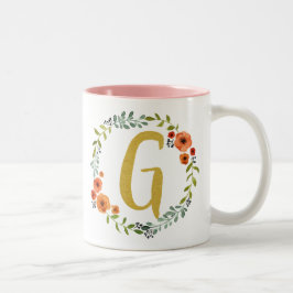 Bloemenkrans Gouden Monogram Initiaal G Tweekleurige Koffiemok