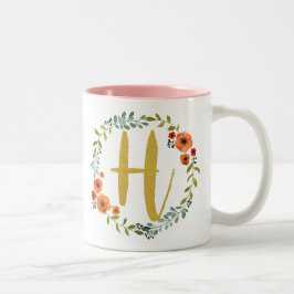 Bloemenkrans Gouden Monogram Initiaal H Tweekleurige Koffiemok