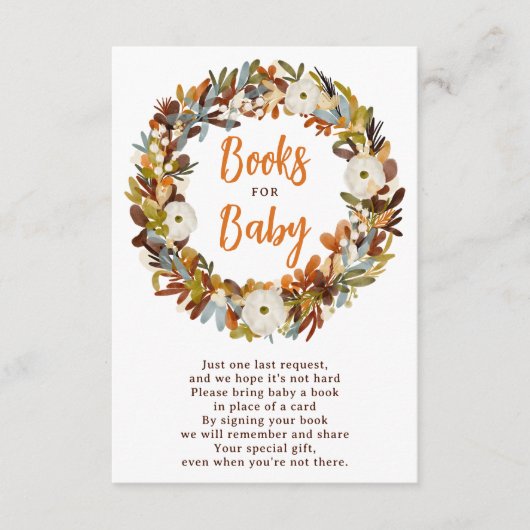 Bloemenkrans herfst pompoenboeken voor baby shower informatiekaartje (Voorkant)