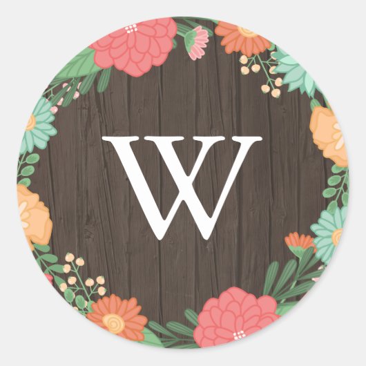 Bloemenkrans Houten Graan Bruiloft Monogram Ronde Sticker (Voorkant)