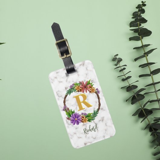 Bloemenkrans Initiële Letter Monogram Naam Marmer Bagagelabel
