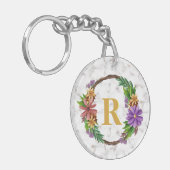 Bloemenkrans Initiële Letter Monogram Naam Marmer Sleutelhanger (Voorkant Links)