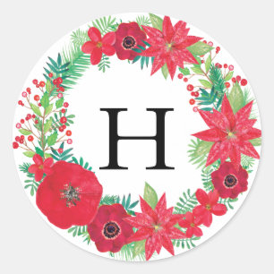 Bloemenkrans Kerst Gepersonaliseerde Initialen Ronde Sticker