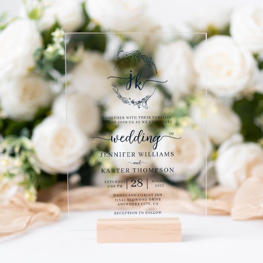 Bloemenkrans Marine Blauw Monogram Foto Bruiloft Acryl Uitnodigingen