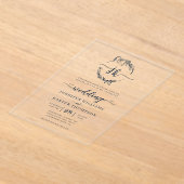 Bloemenkrans Marine Blauw Monogram Foto Bruiloft Acryl Uitnodigingen (Laagn)