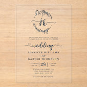 Bloemenkrans Marine Blauw Monogram Foto Bruiloft Acryl Uitnodigingen (Voorkant)