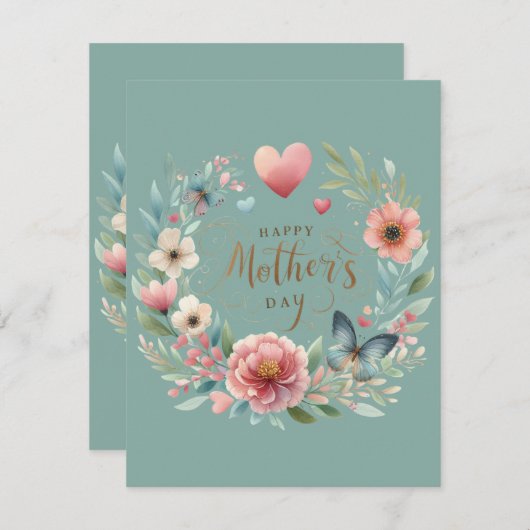 Bloemenkrans met een vlinder Gefeliciteerd met Moe Feestdagenkaart (Voorkant / Achterkant)