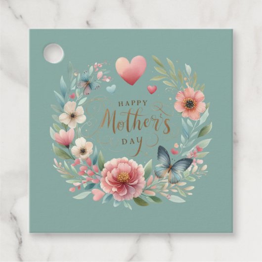 Bloemenkrans met een Vlinder Happy Moederdag Bedankjes Labels (Voorkant)