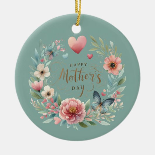 Bloemenkrans met een Vlinder Happy Moederdag Keramisch Ornament (Voorkant)
