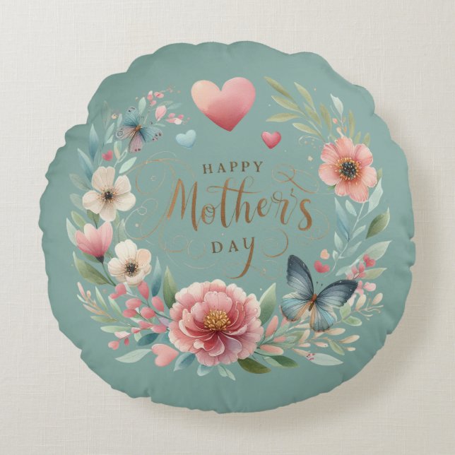 Bloemenkrans met een Vlinder Happy Moederdag Rond Kussen (Voorkant)