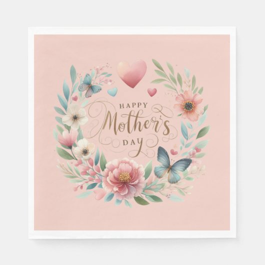 Bloemenkrans met een Vlinder Happy Moederdag Servet (Voorkant)