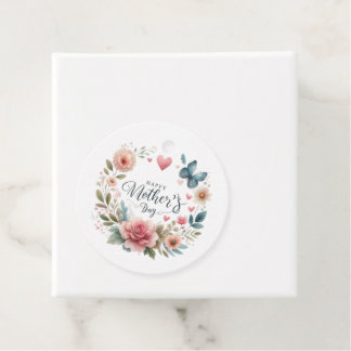 Bloemenkrans met een vlinder, vrolijke Moederdag Bedankjes Labels