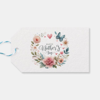Bloemenkrans met een vlinder, vrolijke Moederdag Cadeaulabel