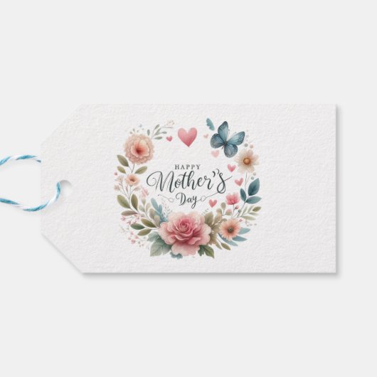 Bloemenkrans met een vlinder, vrolijke Moederdag Cadeaulabel (Achterkant Horizontaal)