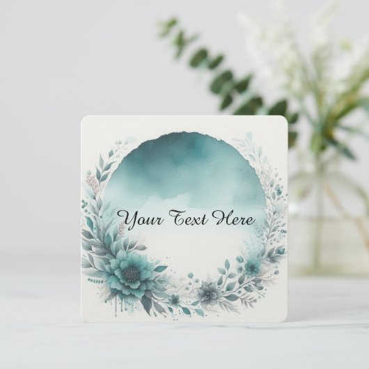 Bloemenkrans met turquoise waterverf achtergrond kaart (Staand voorkant)