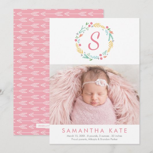 Bloemenkrans Monogram Moderne Foto Geboorte Aankondiging (Voorkant / Achterkant)