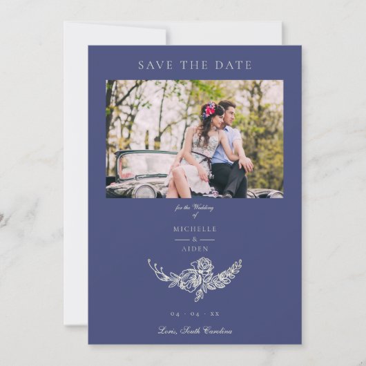 Bloemenkrans Navy White Foto Classic Wedding Save The Date (Voorkant)
