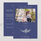 Bloemenkrans Navy White Foto Classic Wedding Save The Date (Voorkant / Achterkant)