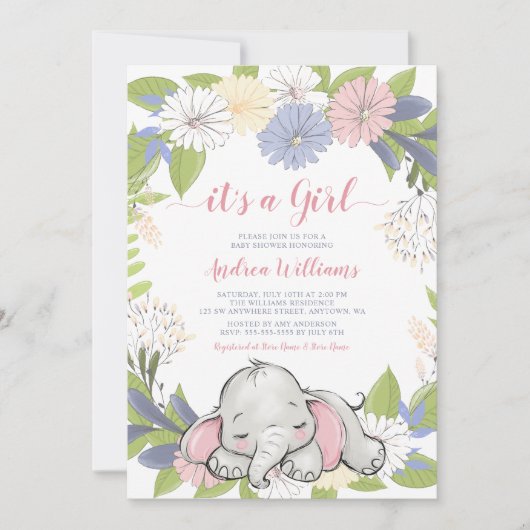 Bloemenkrans Olifant Meisje Baby shower Kaart (Voorkant)