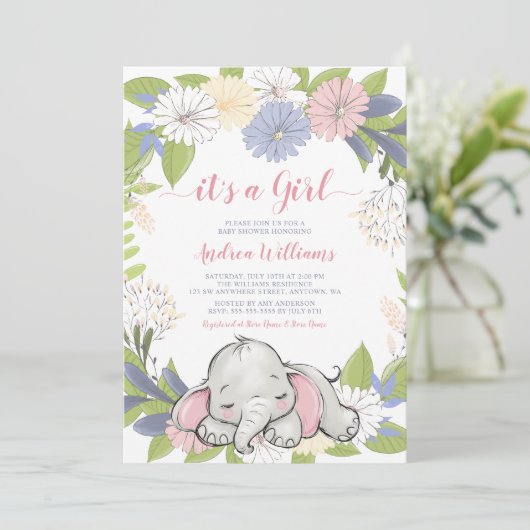 Bloemenkrans Olifant Meisje Baby shower Kaart (Staand voorkant)