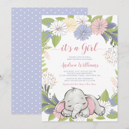 Bloemenkrans Olifant Meisje Baby shower Kaart (Voorkant / Achterkant)