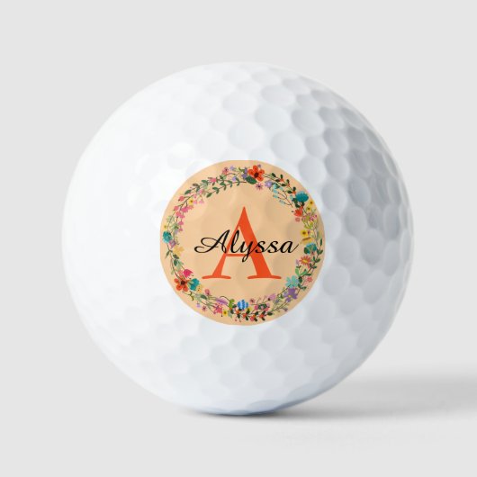 Bloemenkrans op Perzik Monogrammed Gepersonaliseer Golfballen (Voorkant)