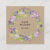 Bloemenkrans paarse bloemen kraft vierkante visitekaartje (Voorkant)