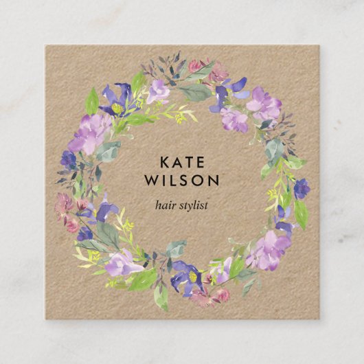Bloemenkrans paarse bloemen kraft vierkante visitekaartje (Voorkant)
