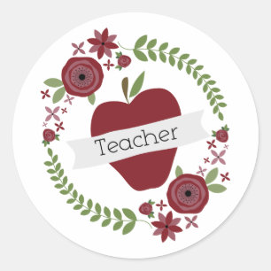 Bloemenkrans & Red Apple Teacher Ronde Sticker