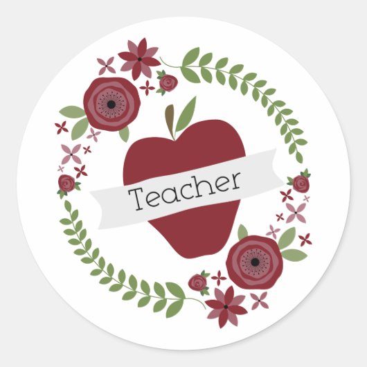 Bloemenkrans & Red Apple Teacher Ronde Sticker (Voorkant)