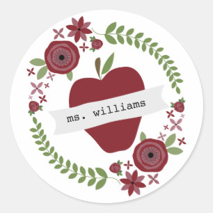 Bloemenkrans rode appel gepersonaliseerde leraar ronde sticker