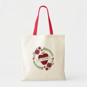Bloemenkrans rode appel gepersonaliseerde leraar tote bag