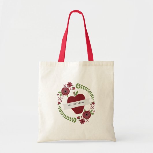 Bloemenkrans rode appel gepersonaliseerde leraar tote bag (Voorkant)