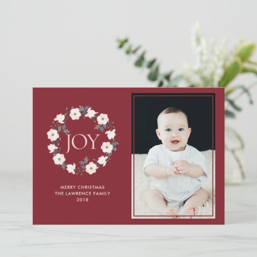 Bloemenkrans Roze Bourgondië Kerst Foto Feestdagenkaart (Staand voorkant)