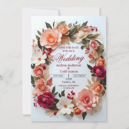 Bloemenkrans rozen madeliefjes bruiloft save the date