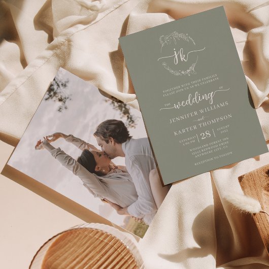 Bloemenkrans Sage Groen Monogram Foto Bruiloft Kaart