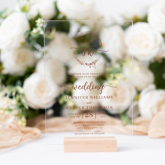 Bloemenkrans terracotta monogram foto bruiloft acryl uitnodigingen