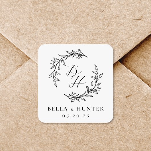 Bloemenkrans Trouw Initiële Monogram Vierkante Sticker