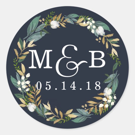 Bloemenkrans Trouw Monogram Navy Sticker (Voorkant)