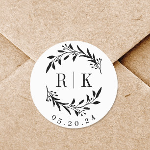 Bloemenkrans Trouw Monogram Ronde Sticker