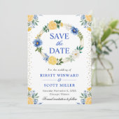Bloemenkrans Trouwen in Blauw en Geel Save The Date (Staand voorkant)