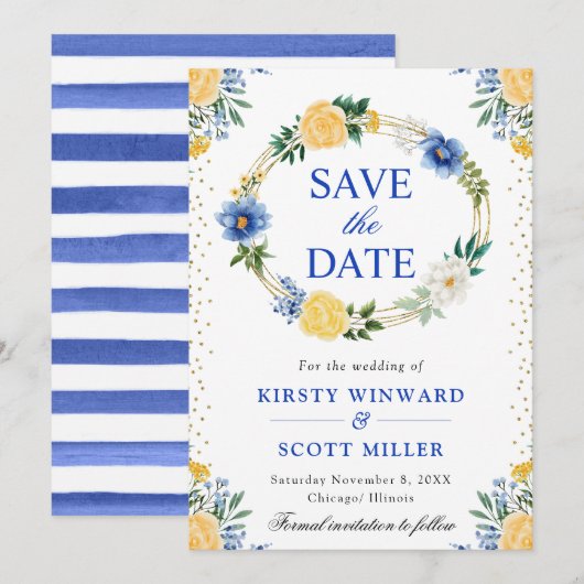 Bloemenkrans Trouwen in Blauw en Geel Save The Date (Voorkant / Achterkant)