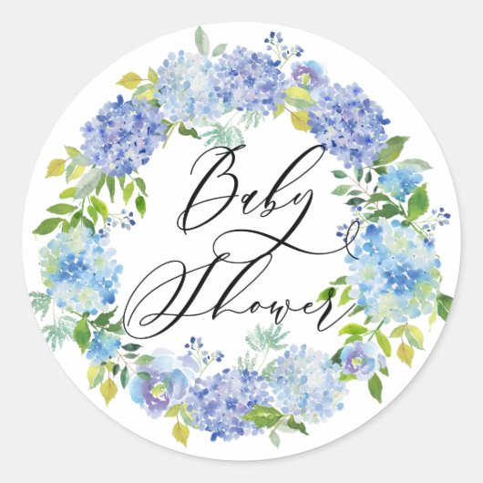 Bloemenkrans van blauwe hortensia's baby shower ronde sticker (Voorkant)