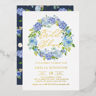 Bloemenkrans van blauwe hortensia's bruidsdouche folie uitnodiging